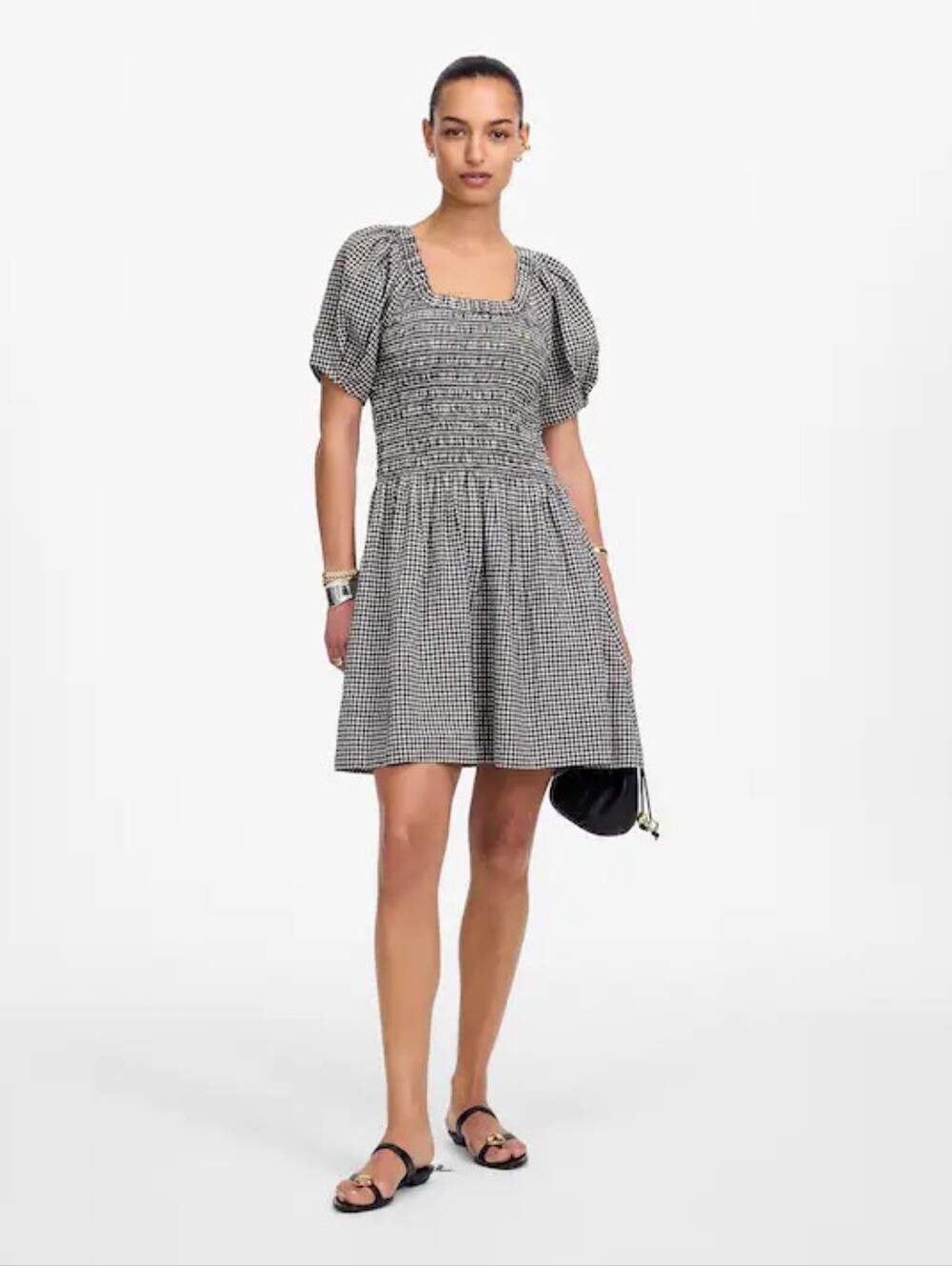 Madewell Dress Gingham Smocked U-Neck Mini Black White size Medium Linen Cotton - Picture 13 of 13